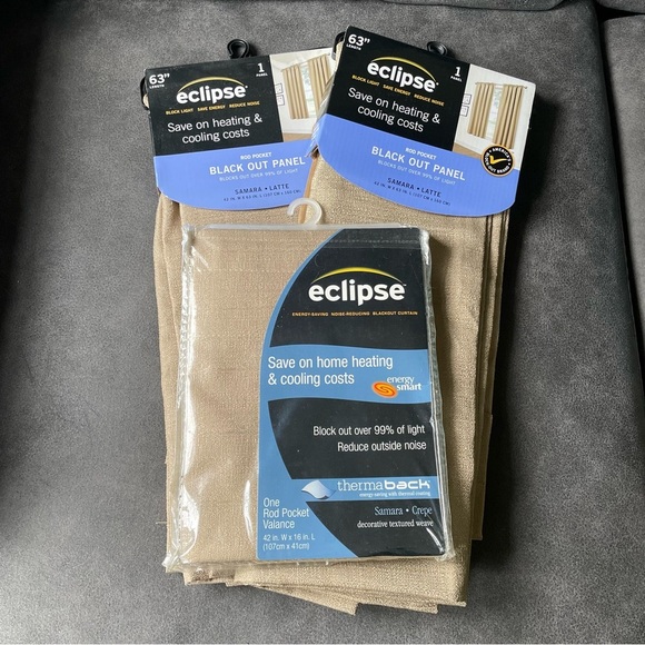 Eclipse Latte Black Out Curtain Panels 63” & Valance Rod Pocket Thermaback - Picture 1 of 9